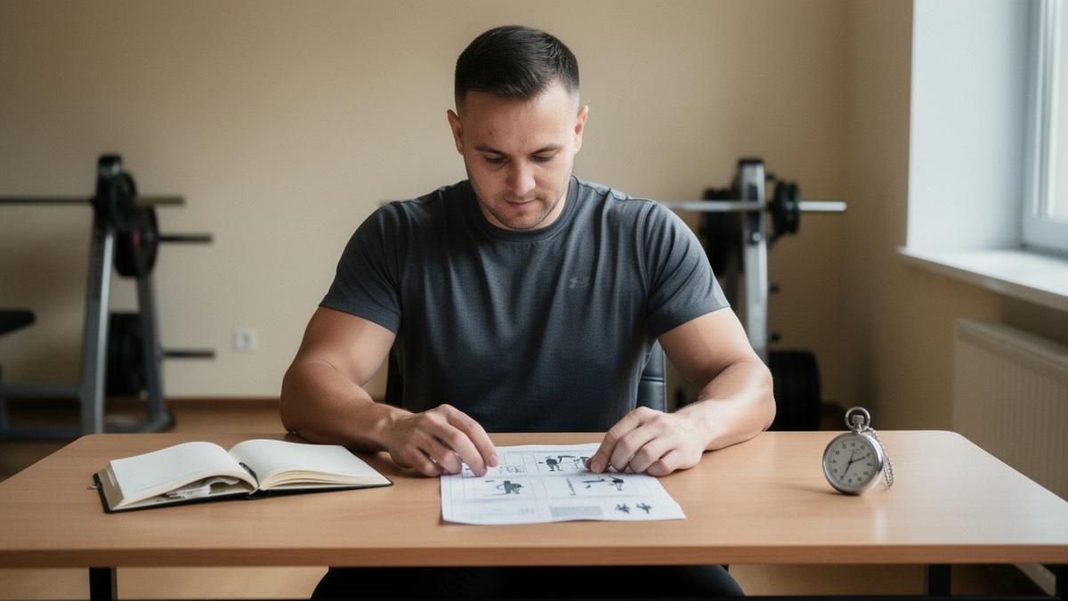 Coach reviewing a printed training program at a desk in a Kyiv studio